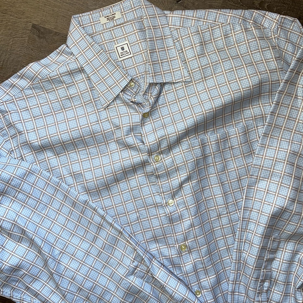 Peter Millar men’s XL shirt checkered long sleeve button blue brown office wear
